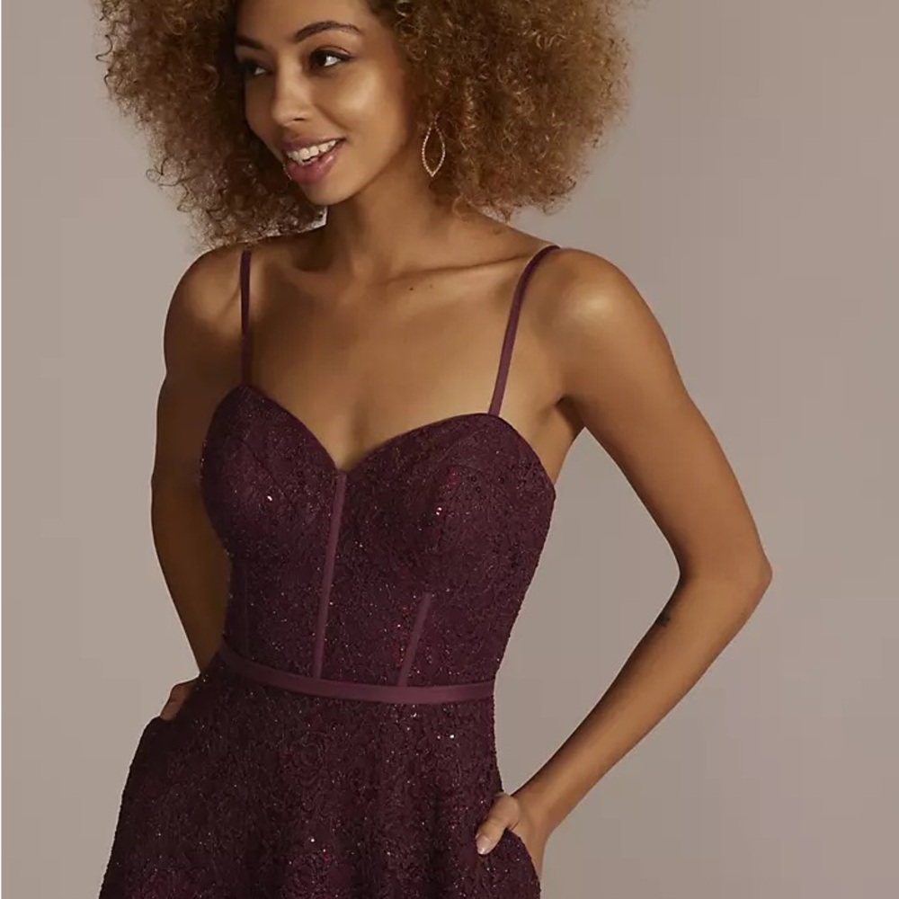 NEW David’s Bridal Jules and Cleo Sparkle Lace Dress with Corset Bodice Wine Red - Picture 2 of 12